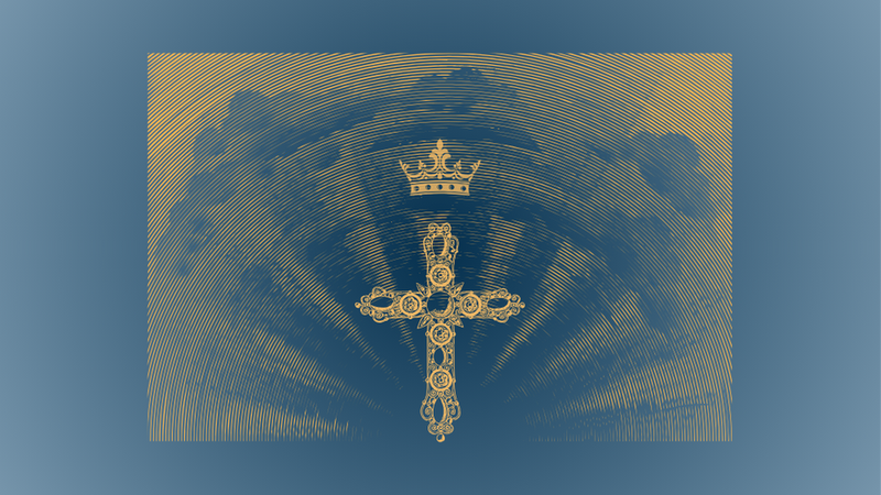 Etching in gold of sunbeams in the clouds with a cross and crown overlaid in front.