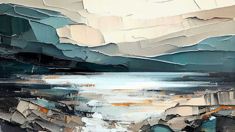 Oil painting with palette knife strokes depicting a lake with mountains behind it.