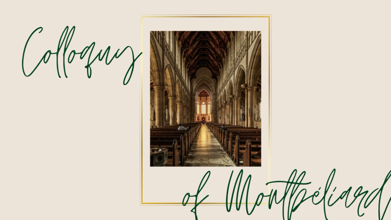 A framed photo of a medieval church interior.
