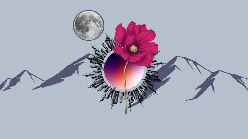 The earth and the moon and a mountain landscape.