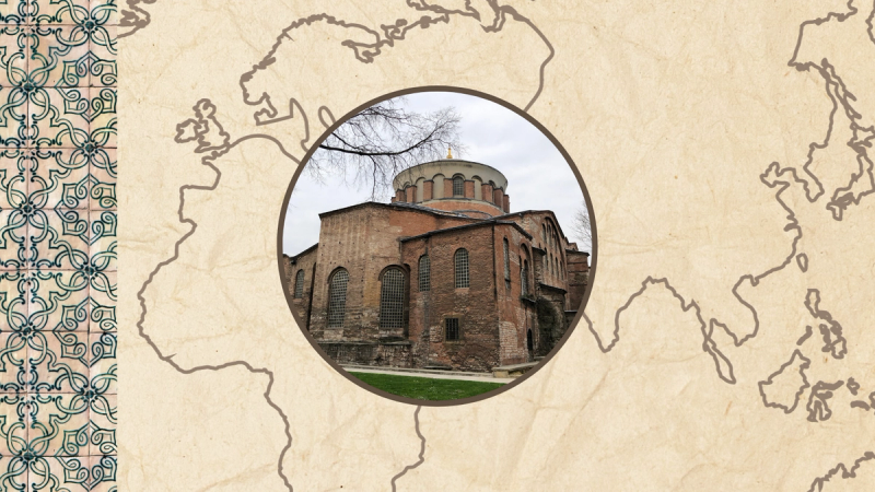 The Hagia Irene church with a map of Africa, Asia, and the Middle East behind it.